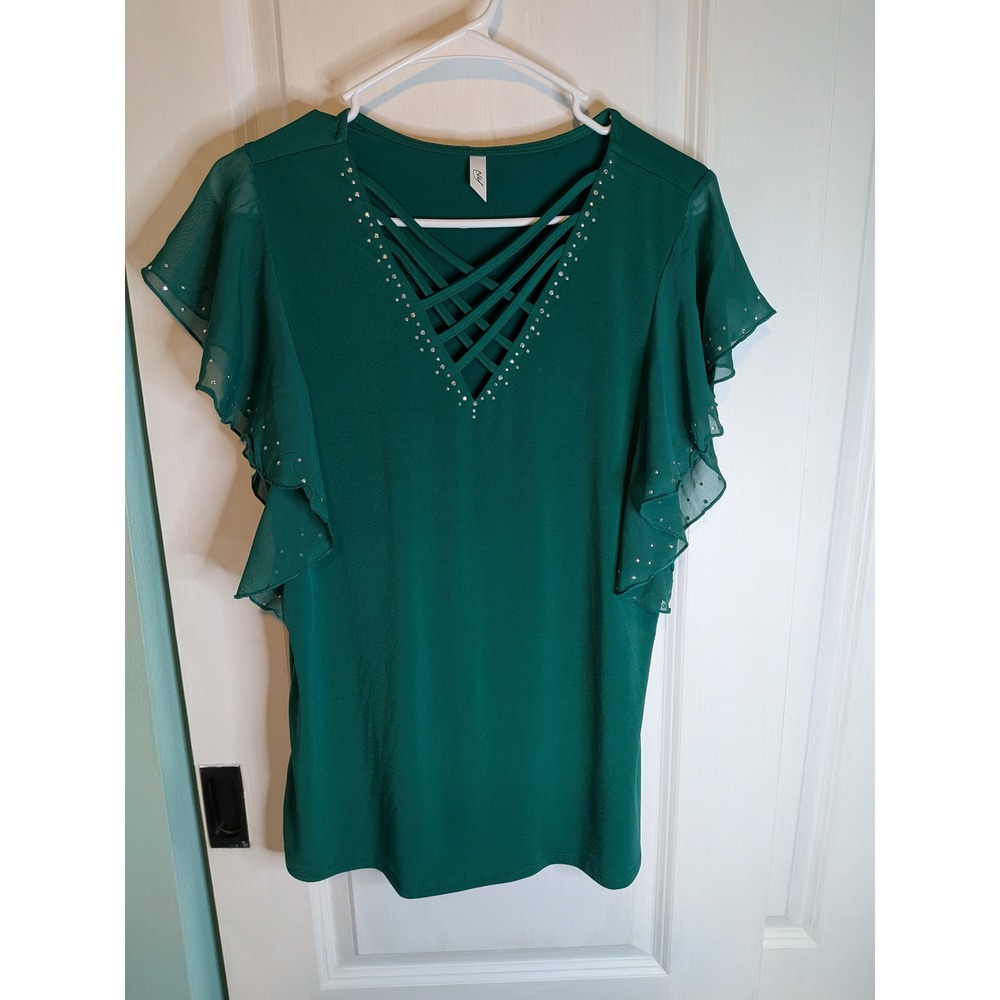 Notations Womens Emerald Green Rhinestone Strappy V-Neck Flutter Sleeve Top